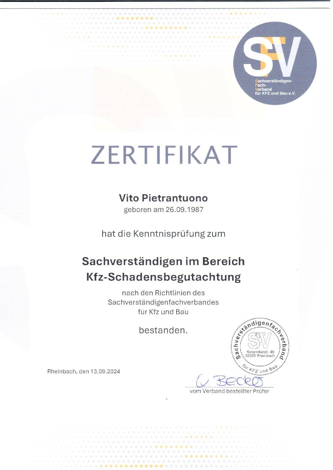 Vorschau: Pruefung KFZ Schadensgutachter 13.9.24