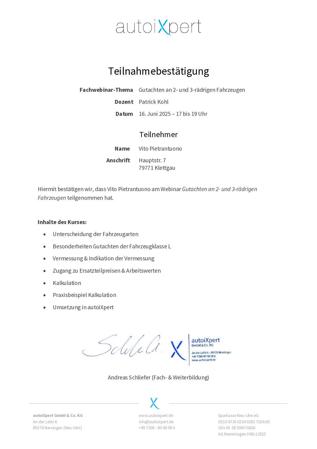 Vorschau: Teilnahmebestätigung Gutachten an 2 &3 rädrigen Fahrzeugen 16.5.25