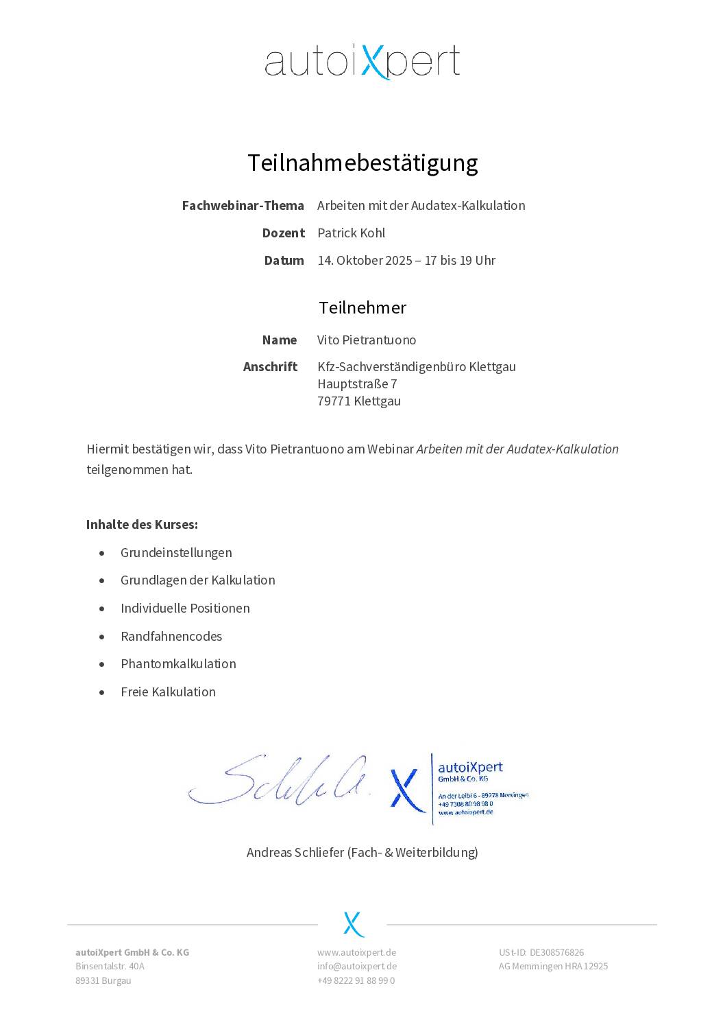 Vorschau: Teilnahmebestätigung   autoiXpert Audatex Kalkulation 14.10.25